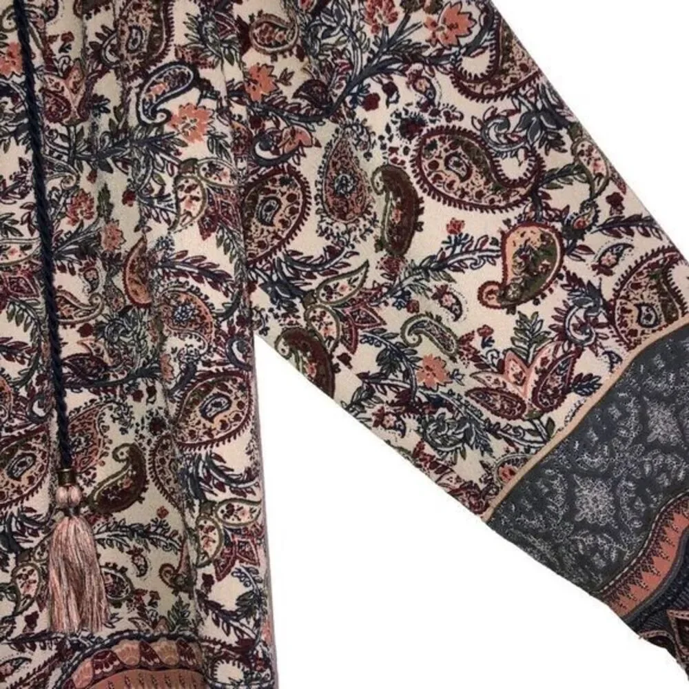 Knox Rose top XS bohemian tassel tie peasant textured paisley‎ print